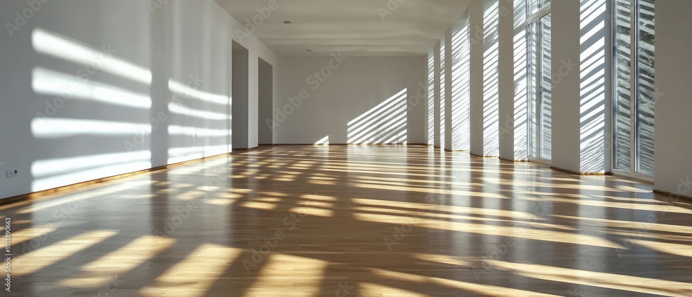 Poster creating tranquil spaces minimalist venetian blind shadows on hardwood floors in a modern home envir