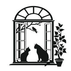 a black silhouette of a window with an arch above it. The window is open and there are two cats sitting on either side of the window