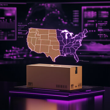 a cardboard box standing on top of a  modern minimal 3D map of the USA