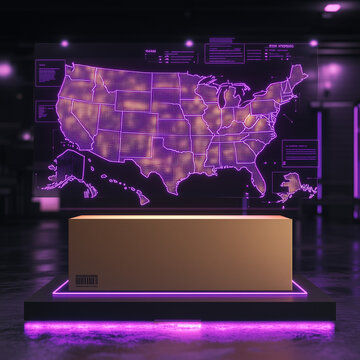 a cardboard box standing on top of a  modern minimal 3D map of the USA