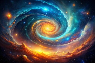 Obraz premium The Dynamic Dance of a Vibrant Digital Galaxy Spiral with Ethereal Radiance in a Colorful Cyber Galaxy Featuring Swirling Azure and Orange Optic Space Nebula Energy