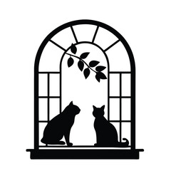 a black silhouette of a window with an arch above it. The window is open and there are two cats sitting on either side of the window