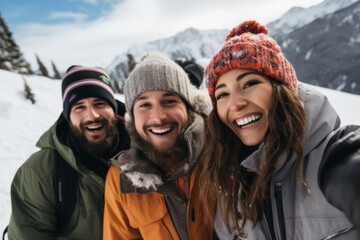 Diverse group portrait of smiling snowboarders on snowy mountain