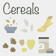 Colored icons of loose cereals. Pasta and porridge. Icons of nutritious cereals.