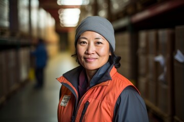 Fototapeta premium Portrait of a joyful middle aged female warehouse worker