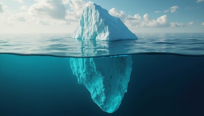 A stunning iceberg rises majestically above the calm ocean surface, its crystalline blue hues shimmering beneath the water. The tranquil scene captures the iceberg's grandeur, with its jagged peaks