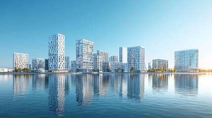 Obraz premium 3D rendering of modern city buildings on the water, with a clear blue sky background