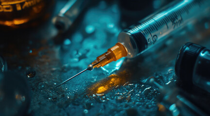 A detailed close-up of a syringe with an orange tip resting on a dark reflective surface, surrounded by small medical tools, evoking a sci-fi, clinical atmosphere.