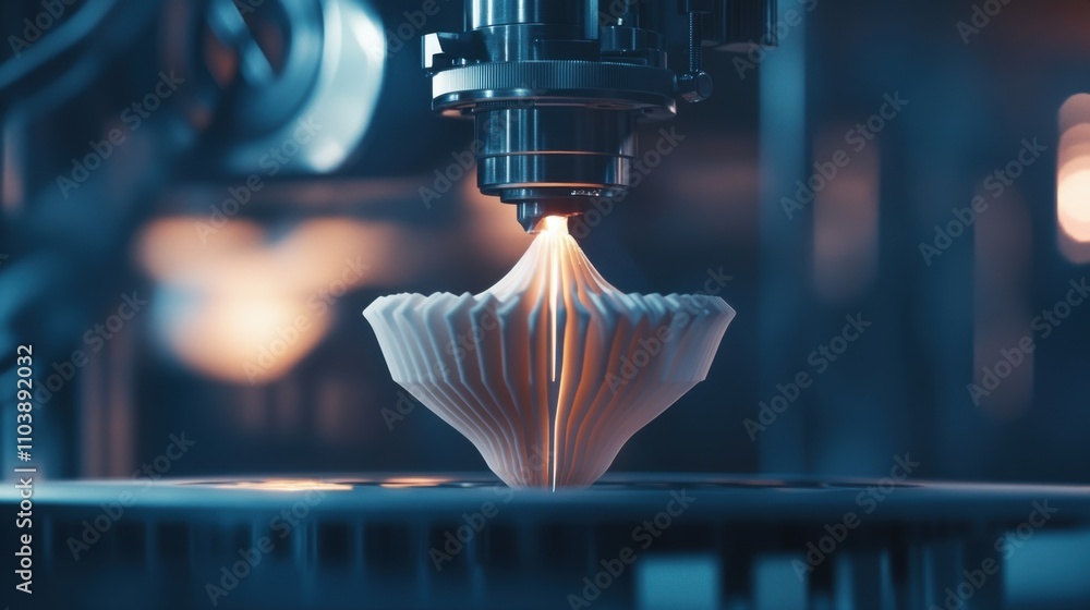 Poster advanced 3d printing technology producing intricate and elegant bowl design from plastic filament in