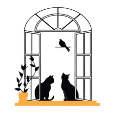a black silhouette of a window with an arch above it. The window is open and there are two cats sitting on either side of the window