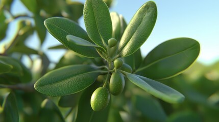 Lush Green Leaves with Young Fruits in a Tropical Landscape Under Clear Blue Sky