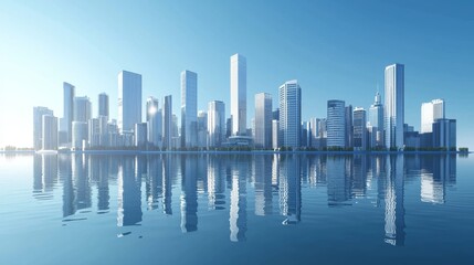 Naklejka premium 3D rendering of modern city buildings on the water, with a clear blue sky background