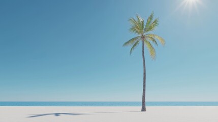 Serene Tropical Paradise with Palm Tree and Clear Blue Sky in Photorealistic Style