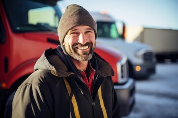 Fototapeta premium Portrait of a middle aged male truck driver during winter