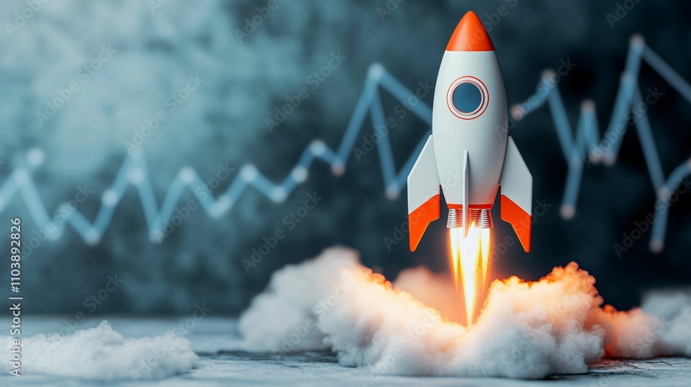 Poster rates and value appreciation. rocket launching with smoke and background graph, symbolizing growth a