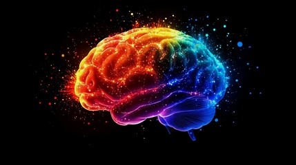 Digital illustration of a human brain with glowing colorful neural connections and bokeh lights on a dark background



