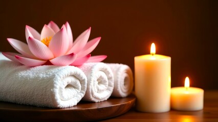 White towels, lit candles and lotus flower on wooden table, on a brown background. Illustration with items for spa and relaxation, lotus flower symbolizes cleanliness. Lifestyle, wellness, spa