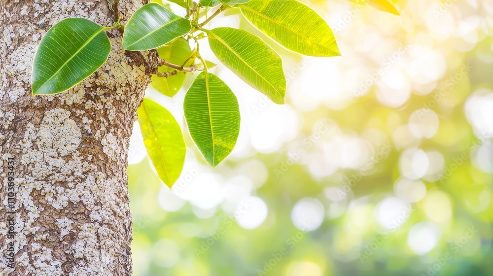 Poster lush green leaves on a tree with sunlight filtering through a soft focus background