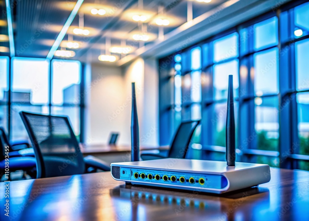 Poster tilt-shift photography of a modern router and ethernet switch set up in a high-tech office environme