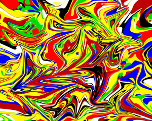an abstract, vibrant swirl of bold colors, including red, yellow, green, blue, black, and white. The flowing, liquid-like patterns create a chaotic yet dynamic composition, evoking energy and movement