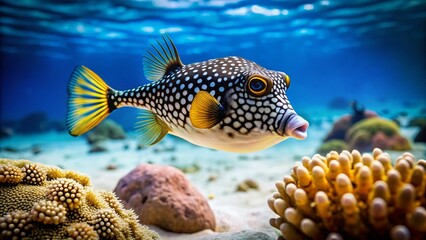 Tilt-Shift Photography of a Smooth Trunkfish Gliding Over a Sandy Ocean Floor, Capturing the Beauty of Marine Life in a Unique Perspective with Vibrant Colors and Textures