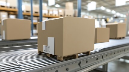 Large cardboard box on a conveyor belt in a warehouse. Efficient logistics.