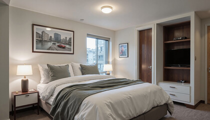 Modern bedroom interior with cozy bedding and stylish decor in soft colors