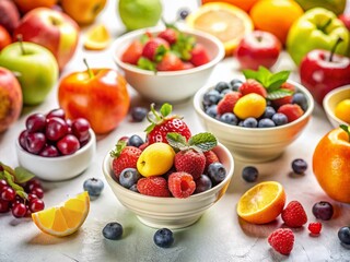 Tilt-Shift Photography of Colorful Bowls Filled with Fresh Fruits on a Bright White Surface, Showcasing a Vibrant and Inviting Arrangement of Nature's Bounty