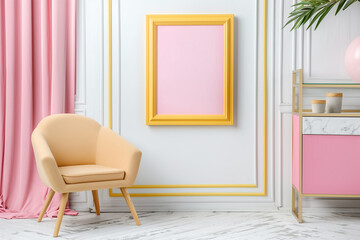 Pastel Living Room with Yellow Frame and Pink Accents, Stylish Modern Interior with Minimalist Furniture, Ideal for Creative Home Decor and Contemporary Design