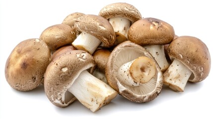 Fresh Brown Mushrooms in a Pile on White Background