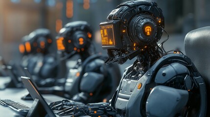 Fototapeta premium Dystopic scene with humanoid robots operators working in call center