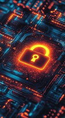 Glowing padlock icon on a circuit board, representing cybersecurity and data protection.
