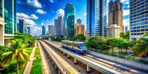 Obraz premium Tilt-Shift Photography of Metromover in Motion Through Vibrant Downtown Miami, Capturing Urban Life and Cityscape in Stunning 4K Quality at 60 Frames Per Second