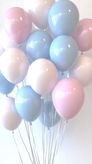 A cluster of pastel colored balloons in blue and pink ascends softly against a plain white backdrop, adding a playful touch to celebrations or parties