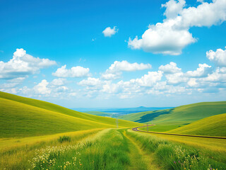 Obraz premium Railway track through rolling hills with blue sky and fluffy white clouds, winding paths, open roads, natural beauty, idyllic scenery, scenic countryside