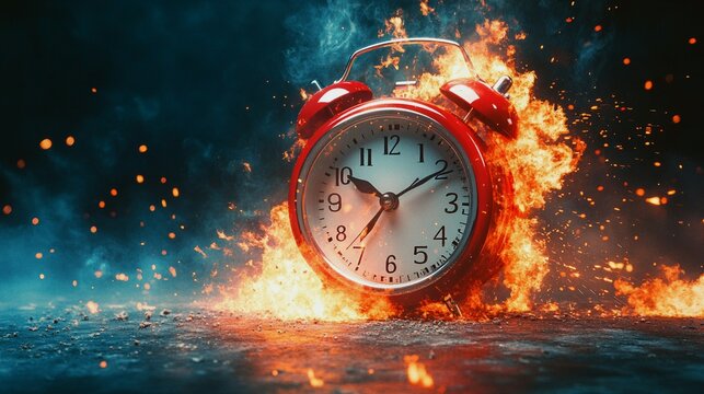 Exploding red alarm clock symbolizing time pressure


