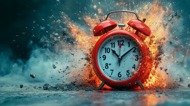 Exploding red alarm clock symbolizing time pressure


