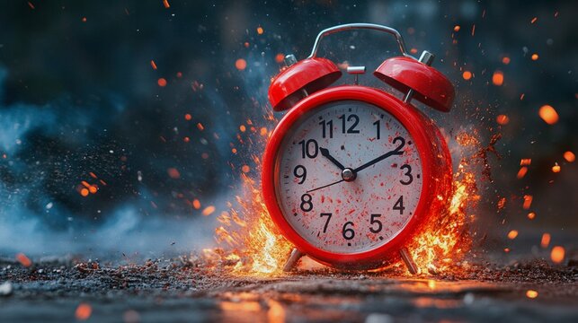 Exploding red alarm clock symbolizing time pressure


