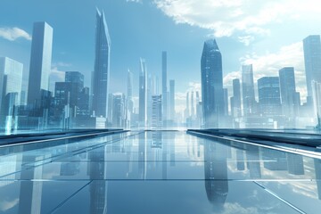 A sleek, modern city skyline with skyscrapers and futuristic architecture against the blue sky