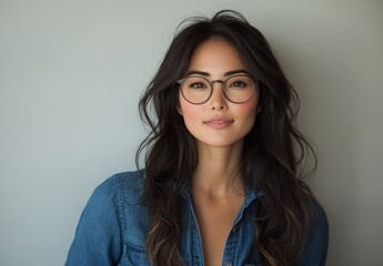 Fototapeta premium A woman with long hair and glasses poses for a portrait against a neutral background.