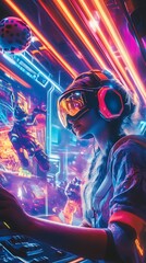 Obraz premium Female gamer in VR headset plays intense video game with vibrant neon lights.