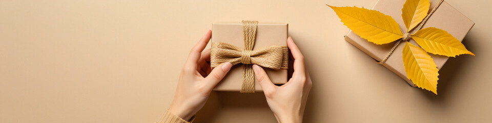 Hands tie twine bow around a gift box on a beige background, featuring a yellow leaf and situated directly above a pullover.