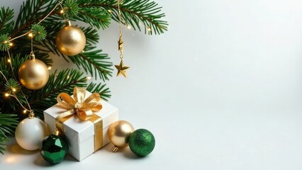 New year card with copy space for text on the right on white background. Christmas decoration with gift box, fir tree branch, garland lights, star, balls in gold and green colors. Certificate mockup