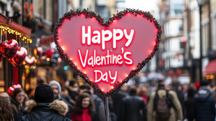 A festive street scene celebrating Valentine's Day with a heart-shaped sign.