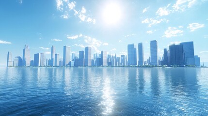 Fototapeta premium a Waterfront Downtown City Skyline with tall and short buildings, with a blue sky above it, day time, with sun glaring, full shot, high angle, ultra-realistic lighting, ultra high resolution, ultra de