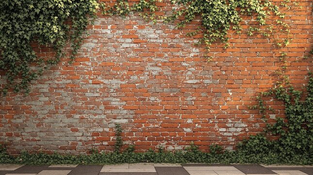 Fototapeta Rustic red brick wall with worn mortar and ivy vines, textured walls, rustic red brick