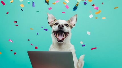 Happy dog celebrating with confetti and laptop!