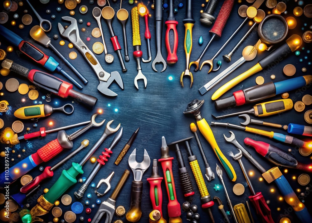 Poster top view set of tools on black background with bokeh effect, perfect for diy projects and crafting, 