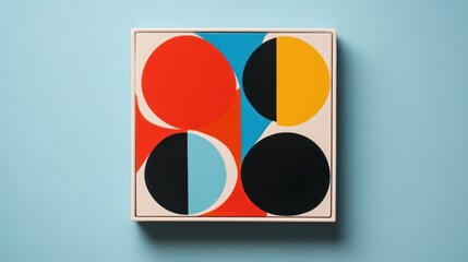 Abstract geometric design featuring bold colors and shapes on a light blue background.