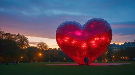 Fototapeta premium A large, illuminated red heart sculpture in a park at sunset, symbolizing love and connection.